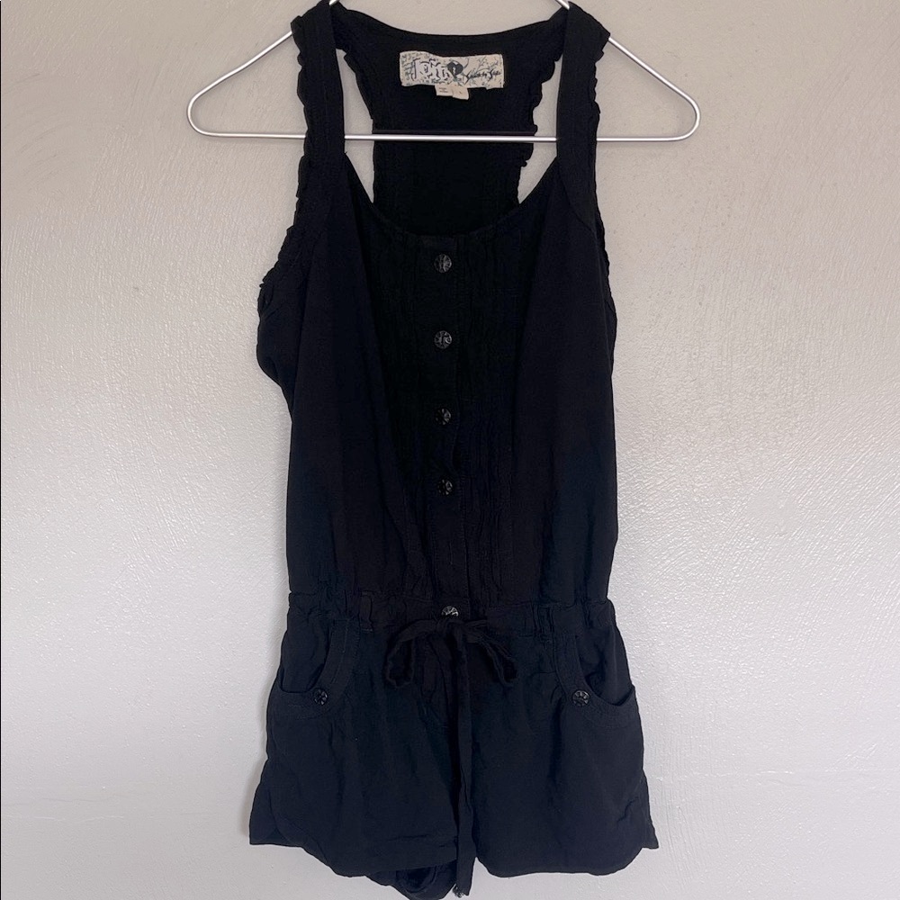 Jolt Y2K Black Button-Front Romper Sleeveless Drawstring Waist Size L